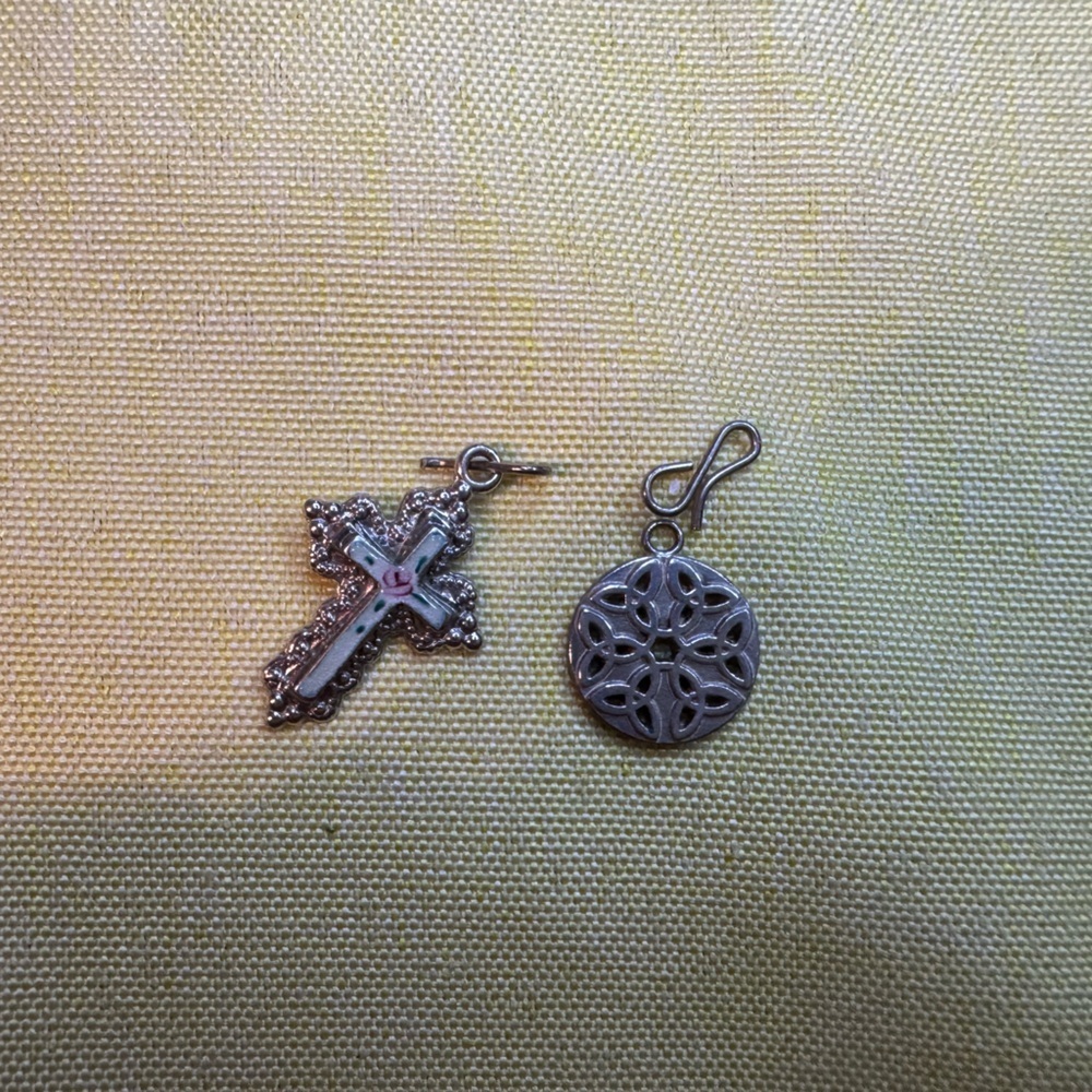 Sterling Silver Charm Lot Cross Pendant + Round Filigree Charm Clip Style